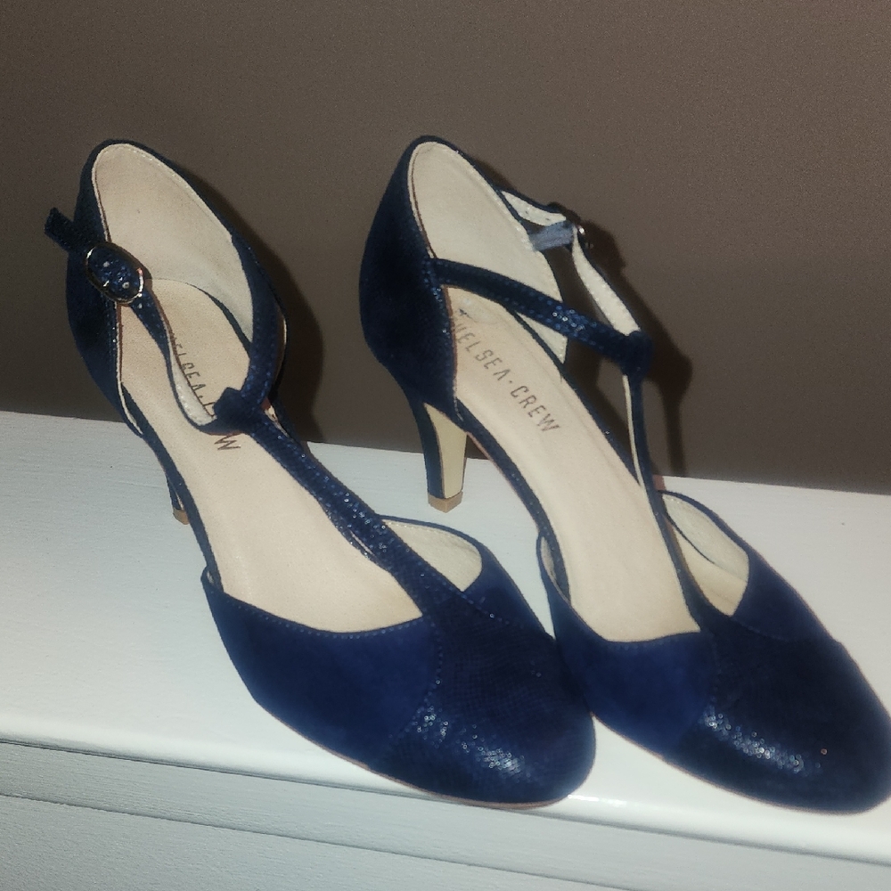 Chelsea Crew Navy T-Strap Heels